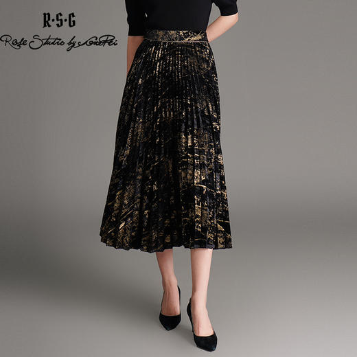 郭培成衣品牌烫金黑色丝绒国风百褶裙 商品图1