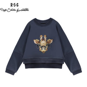 RSG郭培成衣品牌长颈鹿纯棉黑色刺绣圆领短款女士卫衣女装