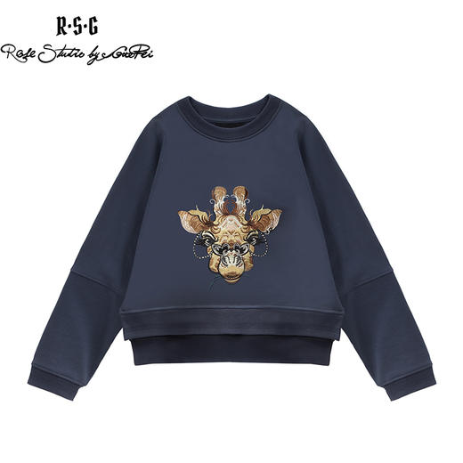 RSG郭培成衣品牌长颈鹿纯棉黑色刺绣圆领短款女士卫衣女装 商品图0