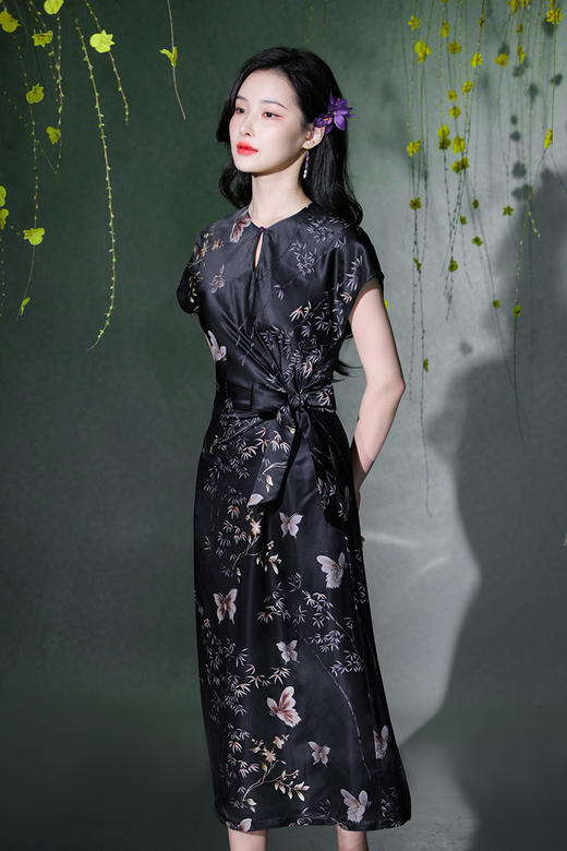 逸红颜明月优选#23姆米真丝提花裙『蝶竹』流淌的丝绸黑珍珠，腰间蝴蝶结系带优雅迷人 商品图3