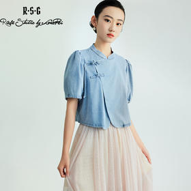 郭培成衣品牌新中式盘扣泡泡袖牛仔短袖上衣