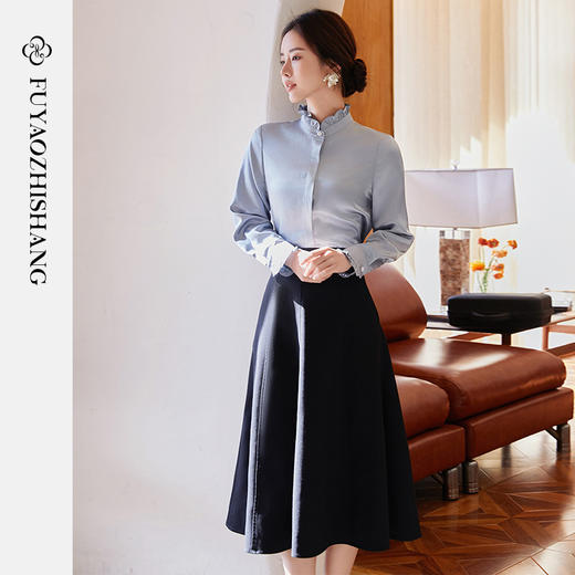 FUYAO扶摇 雾霾蓝长袖衬衫女2025春季新款荷叶领女士衬衣通勤上衣 商品图3