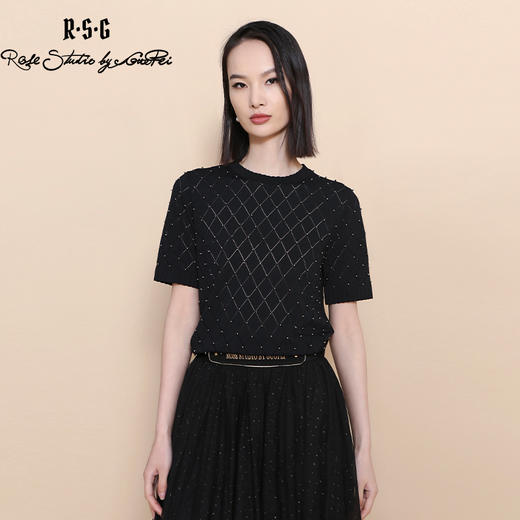 RSG郭培成衣品牌 夏季新款镂空钉珠装饰格纹针织薄款上衣 商品图2