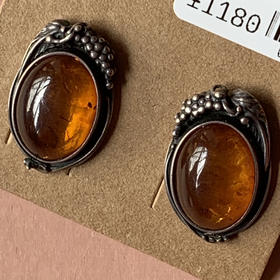 欧洲Art Deco古董琥珀925纯银耳饰