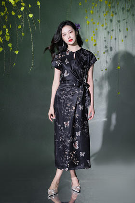 逸红颜明月优选#23姆米真丝提花裙『蝶竹』流淌的丝绸黑珍珠，腰间蝴蝶结系带优雅迷人