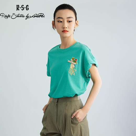 郭培成衣品牌【“药”爱自己】重工刺绣小飞袖圆领T恤上衣 商品图3