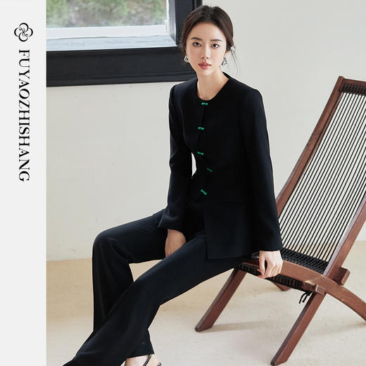 FUYAO扶摇 国风套装女高级感穿搭2025春季新款新中式黑色盘扣正装 商品图2
