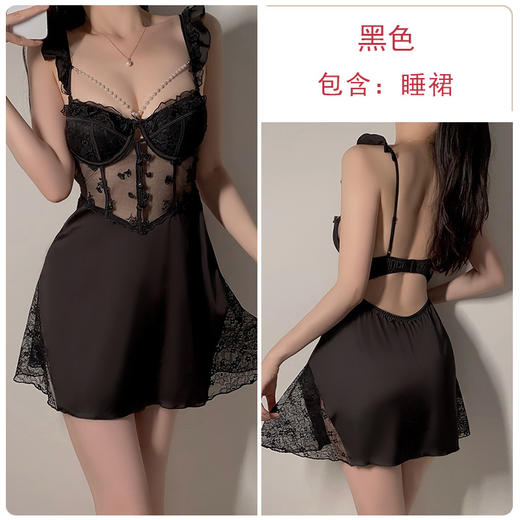 【珍珠链装饰❗️纯欲蕾丝刺绣睡裙】自带胸垫，免穿内衣文胸！美背甜美深V钢圈吊带睡衣家居服 商品图10