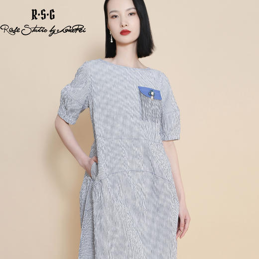 RSG郭培成衣品牌流苏花卉胸针竖条纹显瘦连衣裙修身夏季 商品图1