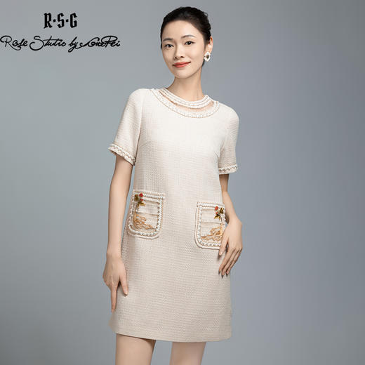 郭培成衣品牌【“药”爱自己】编织装饰领斜纹呢人参刺绣连衣裙 商品图3