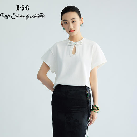 郭培成衣品牌精品系列新中式镂空盘扣小飞袖T恤 商品图0