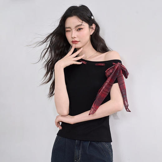 美式复古性感辣妹斜肩设计感格纹绑带T恤女收腰上衣V0050632 商品图2