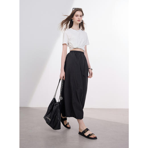 三彩2025夏季新款花苞半身裙高腰松紧A字裙长裙小黑裙休闲M 商品图2