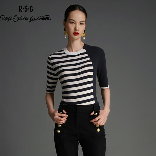 RSG2023郭培线上品牌早秋弹力拼接撞色条纹针织衫 商品图1