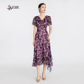 司歌雪纺v领短袖不规则连衣裙A891081X