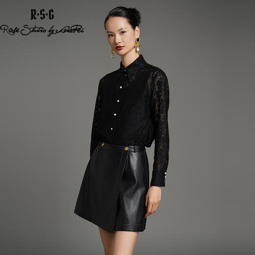 RSG郭培成衣品牌黑白两色有机棉纺织蕾丝面料翻领长袖春秋衬 商品图4