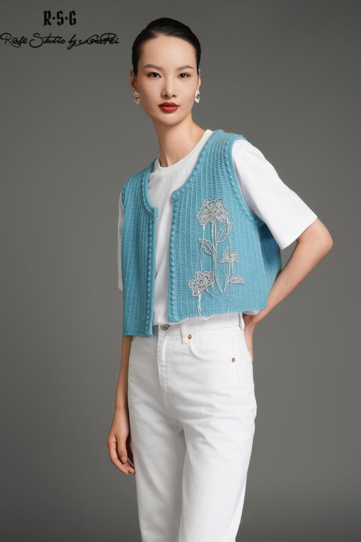 RSG郭培成衣品牌银线芙蓉花刺绣蓝色针织马甲 商品图5