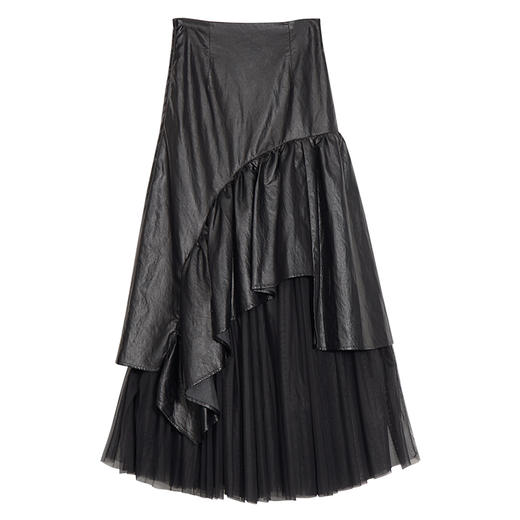 RSG郭培成衣品牌纯色不规则拼接百褶网纱皮裙黑色 商品图4