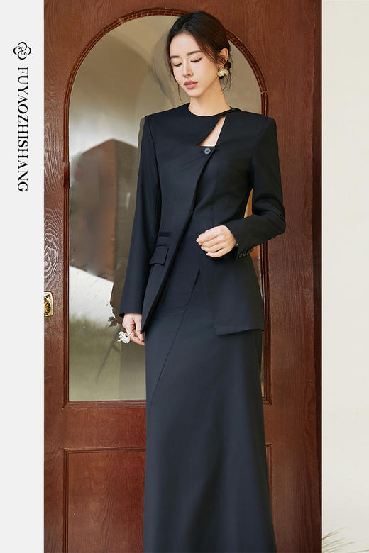 FUYAO扶摇 黑色镂空西装套装女2025新款斜门襟飘带西服长裙套装春 商品图5