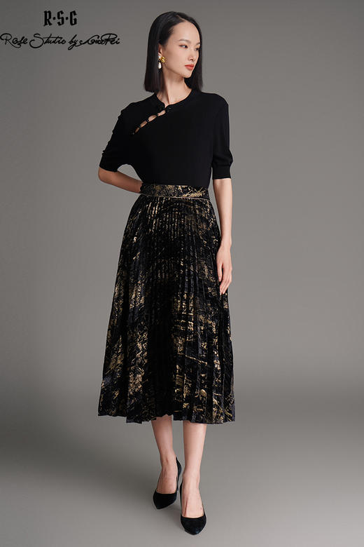 郭培成衣品牌烫金黑色丝绒国风百褶裙 商品图5
