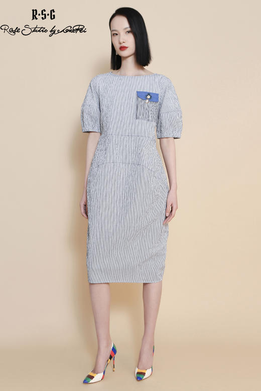 RSG郭培成衣品牌流苏花卉胸针竖条纹显瘦连衣裙修身夏季 商品图5