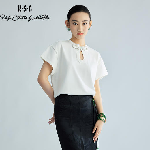 郭培成衣品牌精品系列新中式镂空盘扣小飞袖T恤 商品图4