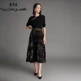 郭培成衣品牌烫金黑色丝绒国风百褶裙