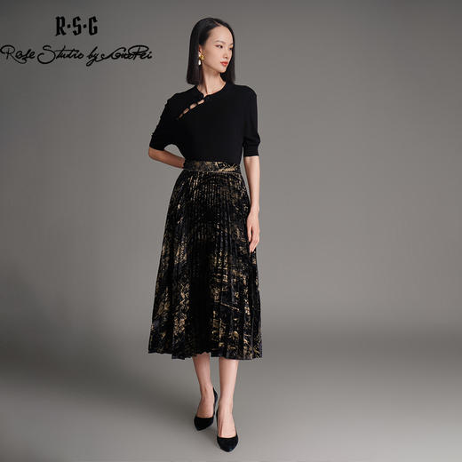 郭培成衣品牌烫金黑色丝绒国风百褶裙 商品图0