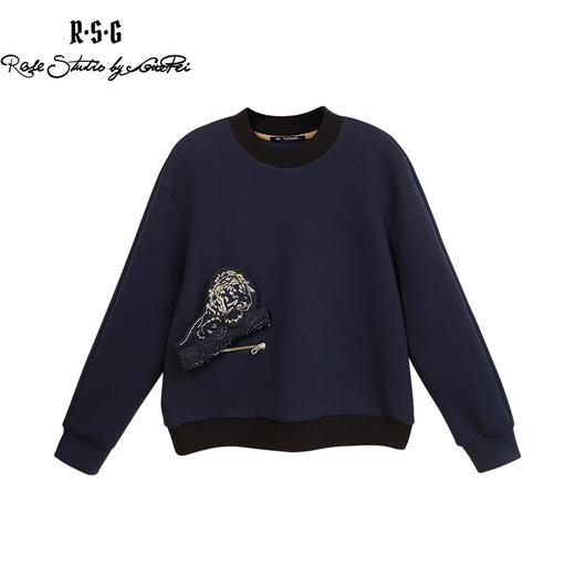 RSG郭培成衣品牌手工立体狮子刺绣拼色套头卫衣圆领通勤上衣 商品图0