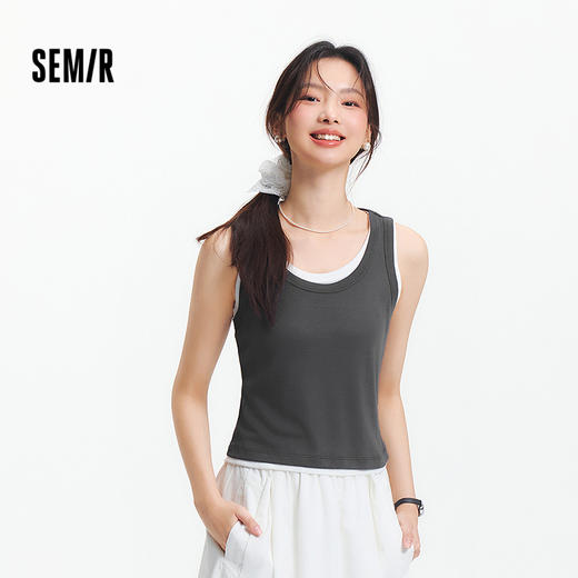 森马背心女短款大圆领小性感2025夏季新款撞色假两件紧身上衣百搭 商品图0