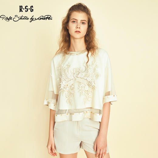 RSG郭培成衣品牌原创设计双凤刺绣网纱短袖T恤上衣 商品图1