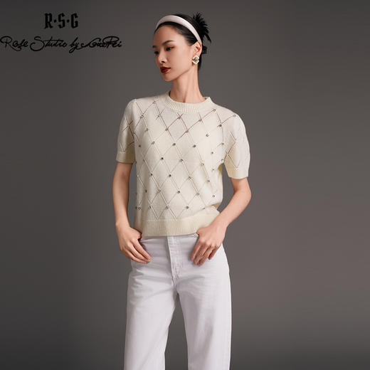 RSG2023郭培成衣品牌早秋百搭泡泡袖镂空菱格纹针织衫 商品图3