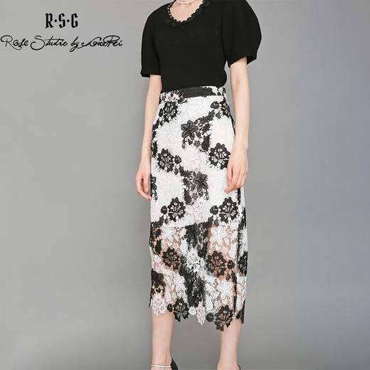 RSG郭培成衣品牌撞色拼接设计感蕾丝花朵优雅半身裙收腰包臀 商品图2
