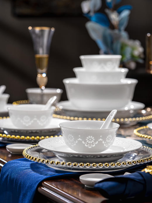 富玉陶瓷景德镇玲珑餐具套装乔迁新居纯白家用碗碟套装幽梦餐具 商品图2