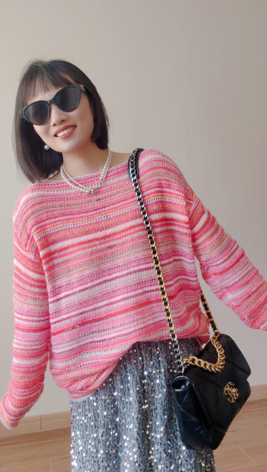 2025春新款钩花百搭条纹镂空宽松圆领长袖薄款针织衫 商品图3