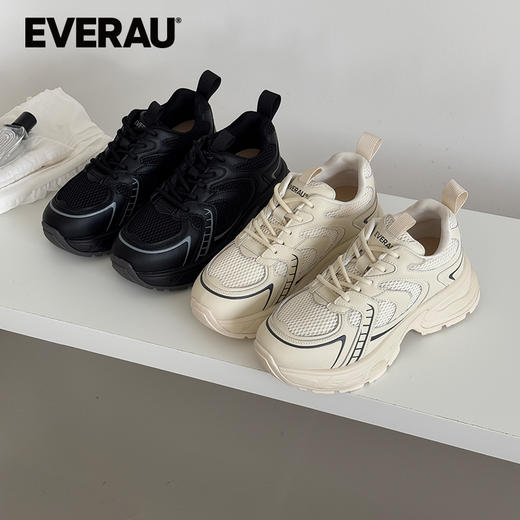EVERAU极简主义时尚潮流黑白双色休闲牛皮网布拼接老爹鞋EA5061 商品图1