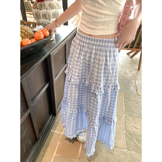 <曾小咸推荐>小清新蓝色格子高腰A字长款半身裙 商品图0