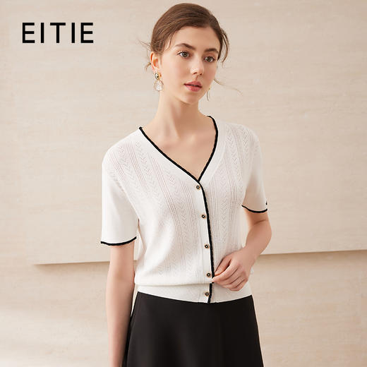 EITIE爱特爱时尚短袖针织衫女V领拼色修身显瘦上衣夏季新款B2501606 商品图1