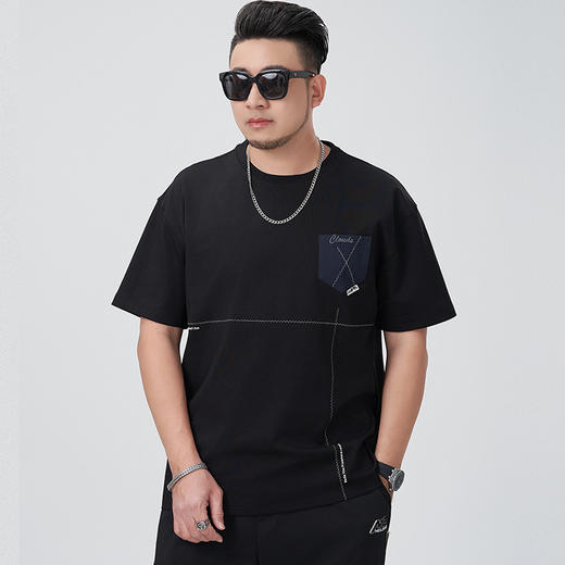 【DMH】大依优型大码印花短袖T恤落肩袖贴布口袋宽松半袖男装夏季新款上衣男士 商品图0