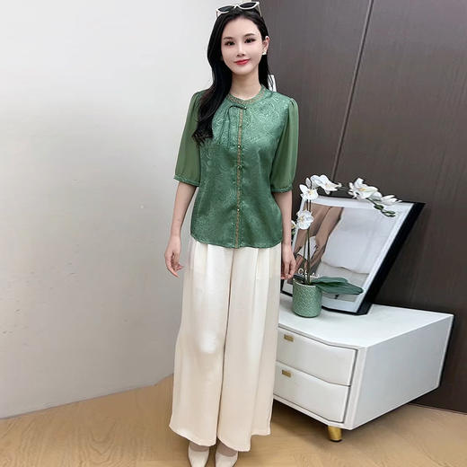 QYMYJ-25DS629-L 2025夏季新款新中式气质优雅中袖小衫垂感宽松阔腿裤妈妈装两件套 商品图1