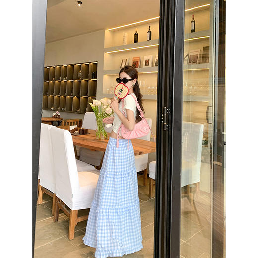 <曾小咸推荐>小清新蓝色格子高腰A字长款半身裙 商品图4