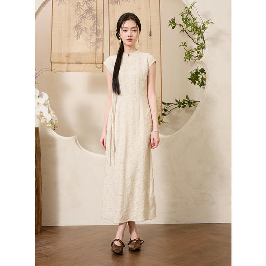 三彩【茶烟花影】2025夏季新款新中式旗袍裙剪花飘带连衣裙长裙C 商品图1