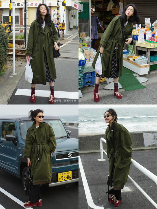 HIDEMI极简设计感色织格纹拼接斗篷式飞行员长款可拆卸腰带风衣女 商品图2