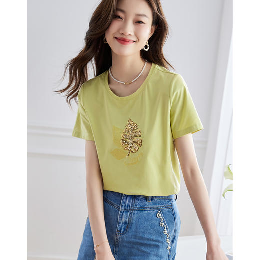 【专属特价】熙世界珠片叶子刺绣短袖T恤女短袖宽松显瘦圆领体恤衫2022夏新款 商品图3