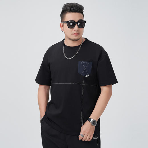 【DMH】大依优型大码印花短袖T恤落肩袖贴布口袋宽松半袖男装夏季新款上衣男士 商品图2