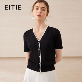 EITIE爱特爱时尚短袖针织衫女V领拼色修身显瘦上衣夏季新款B2501606