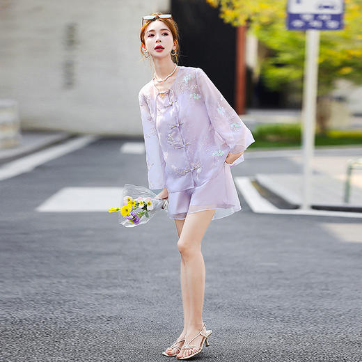 新中式国风套装，复古刺绣盘扣上衣短裤子两件套HR-GYGM2510 商品图3