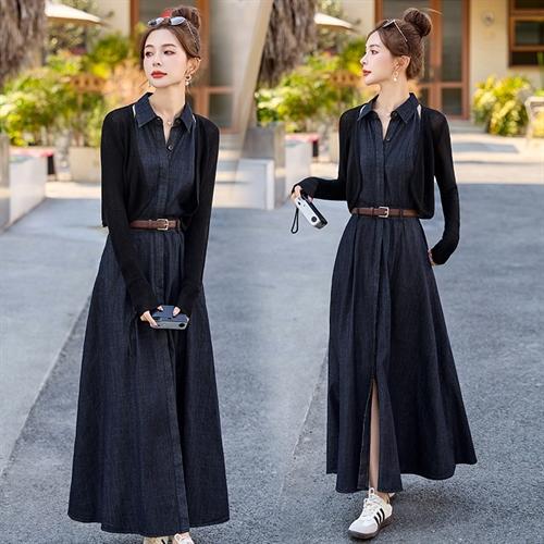 牛仔吊带连衣裙套装，镂空开衫两件套HR-QMC7902 商品图1