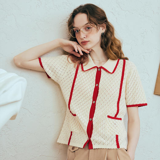 两三事 织羽锋华 2025夏季新款复古拼色镂空针织开衫女宽松 商品图3