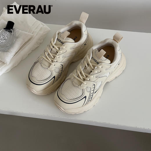 EVERAU极简主义时尚潮流黑白双色休闲牛皮网布拼接老爹鞋EA5061 商品图2